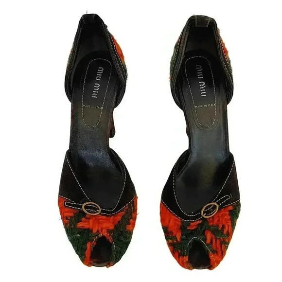 SOLD Miu Miu Y2K Green and Orange Yarn Abstract Rounded Chunky Heels - Picture 2 of 12